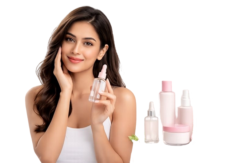 Woman holding skincare serum for glowing skin – premium beauty products by Grow Beauty Pakistan